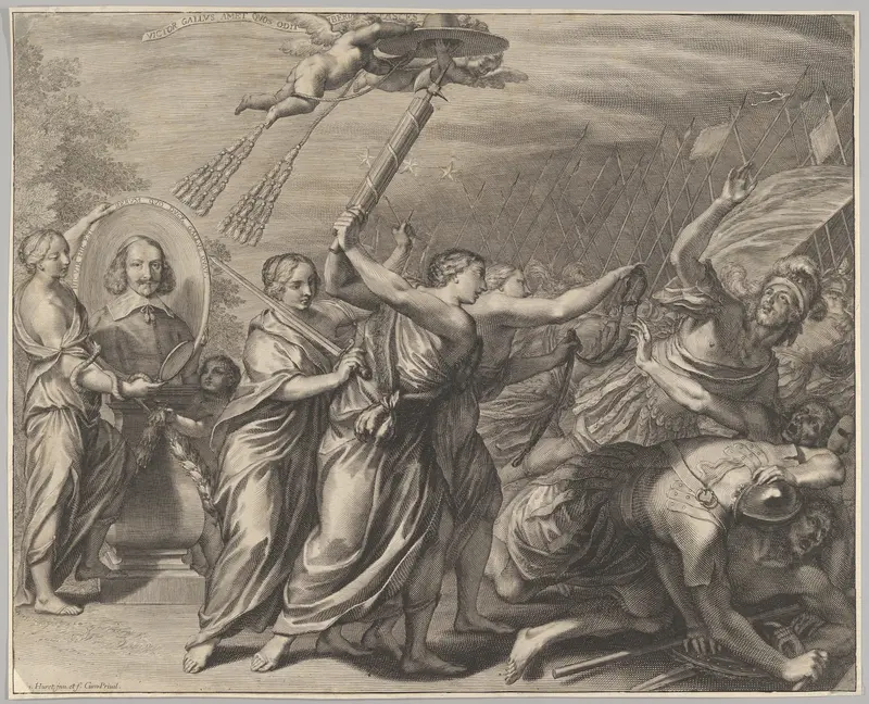 Cardinal (le Bret?) in oval with allegorigal figures and a battle scene Wall Art by Grégoire Huret - High-Resolution Digital Print
