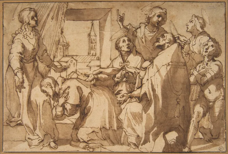 Cardinal Paolo Sfondrato Kneeling Before Saint Cecilia, Accompanied by other Saints Wall Art by Francesco Vanni - High-Resolution Digital Print