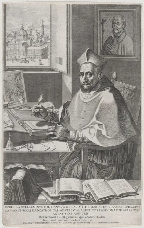 Cardinal Roberto Bellarmino at his desk, writing Wall Art by Francesco Villamena - High-Resolution Digital Print
