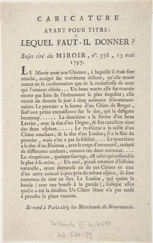 Caricature, Ayant Pour Titre: Lequel Faut-il Donner?, Sujet tiré du Miroir, no. 378, 13 Mai, 1797 Wall Art by Anonymous, French, 18th century - High-Resolution Digital Print