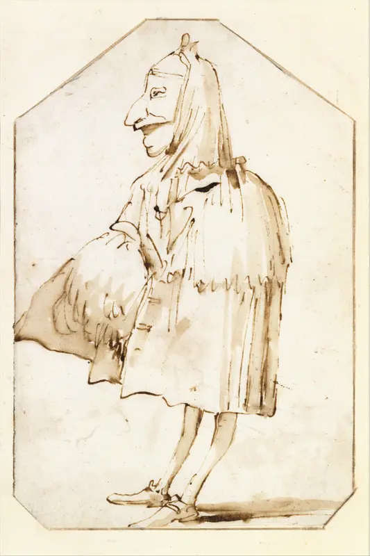 Caricature of a Man in a Mask and a Cloak, Holding a Muff and a Tricorne, Standing in Profile to the Left Wall Art by Giovanni Battista Tiepolo - High-Resolution Digital Print