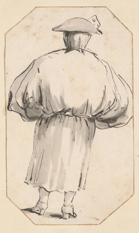 Caricature of a Person in a Voluminous Gown, Seen from Behind Wall Art by Giovanni Battista Tiepolo - High-Resolution Digital Print