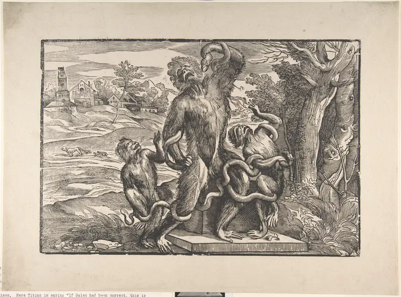 Caricature of the Laocoön scuptural group, excavated in Rome in 1506