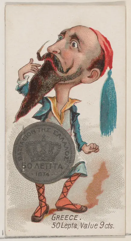 Caricatured Greek figure, 50 Lepta, from the series Coins of All Nations (N72, variation 1) for Duke brand cigarettes Wall Art by W. Duke, Sons & Co. - High-Resolution Digital Print