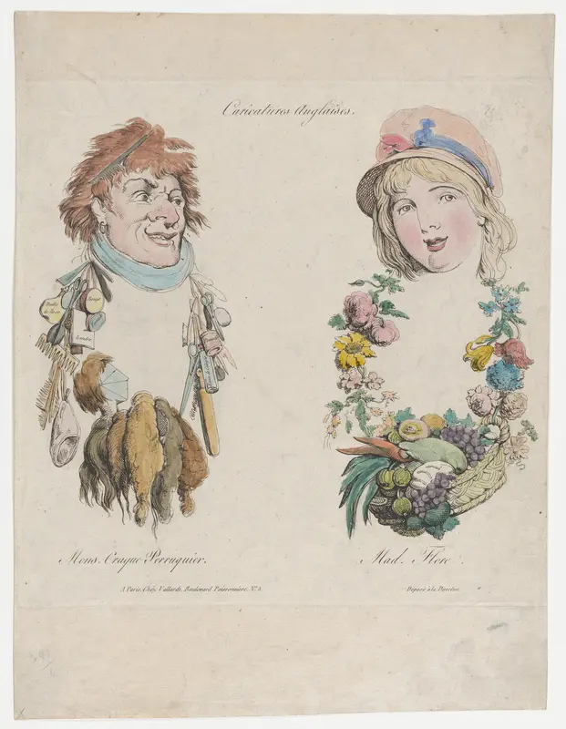 Caricatures Anglaises: Monsieur Craque Perruquier et Mademoiselle Flore Wall Art by Anonymous, French, 19th century - High-Resolution Digital Print