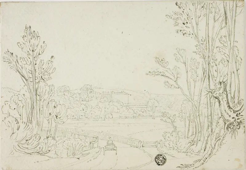 Cart Heading over Bridge Between Trees; Villa in Distance Wall Art by Unknown - High-Resolution Digital Print
