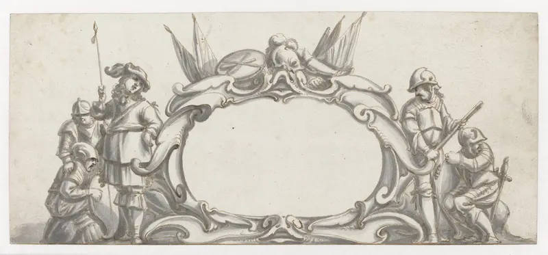 Cartouche geflankeerd door vijf soldaten Wall Art by Pieter Jansz - High-Resolution Digital Print