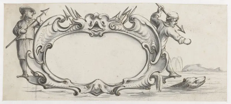 Cartouche met aan weerskanten een jager Wall Art by Pieter Jansz - High-Resolution Digital Print