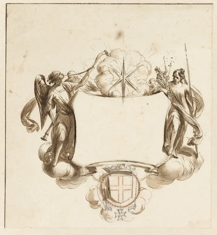 Cartouche met Fama en de Goddelijke en Menselijke Wijsheid Wall Art by Nicolaes Pietersz Berchem - High-Resolution Digital Print