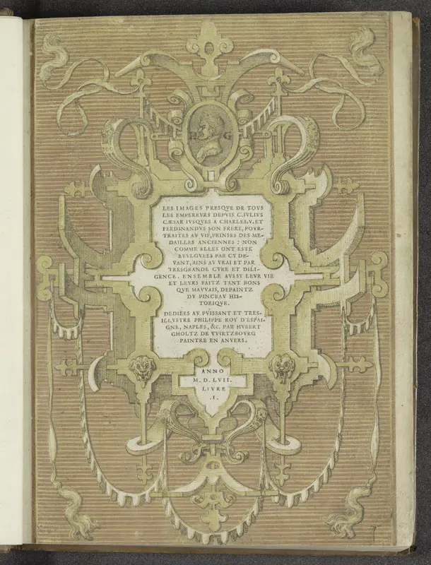 Cartouche met in de omlijsting het portret van Hubert Goltzius Wall Art by Hubert Goltzius - High-Resolution Digital Print