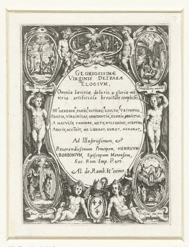 Cartouche met tekst omringd door putti en scènes uit het leven van Maria Wall Art by Jacques Callot - High-Resolution Digital Print