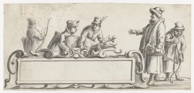 Cartouche met vijf Sami en een geschoten rendier Wall Art by Pieter Jansz - High-Resolution Digital Print