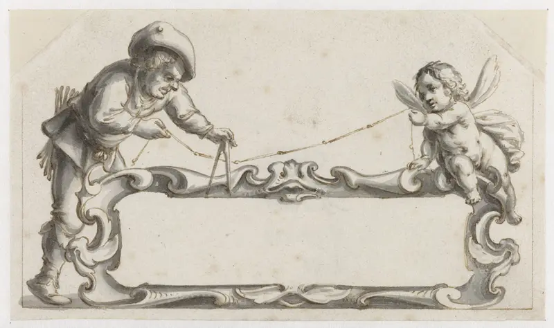 Cartouche omgeven door een man en een putto Wall Art by Pieter Jansz - High-Resolution Digital Print