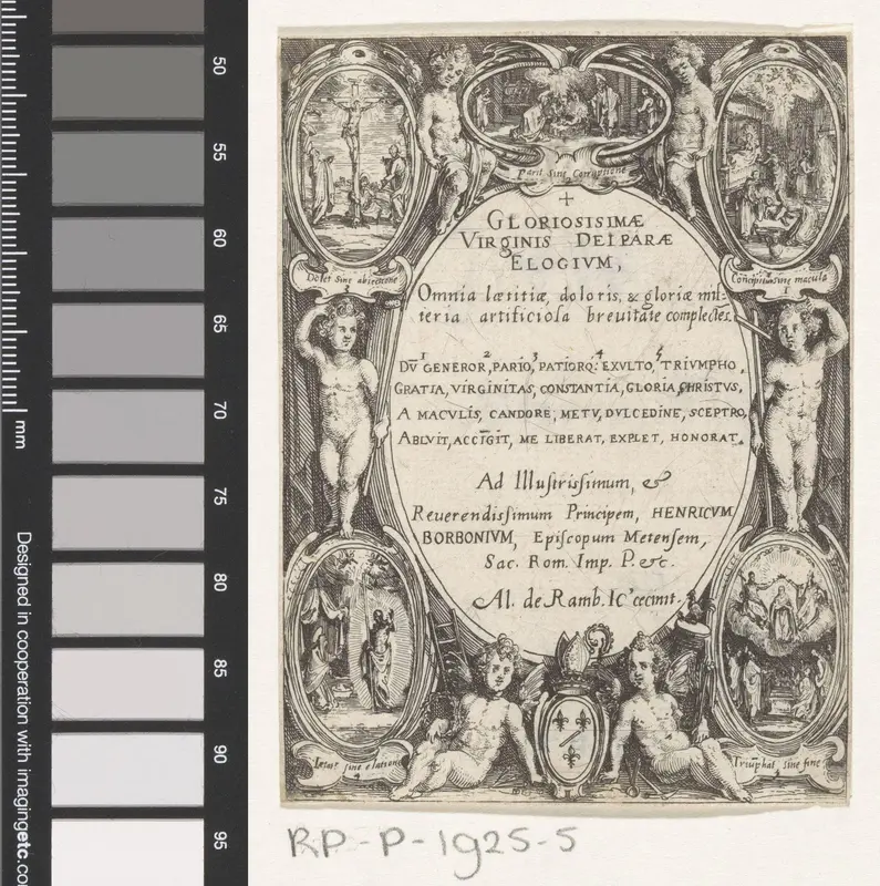 Cartouche omringd door putti en scènes uit het leven van Maria Wall Art by Jacques Callot - High-Resolution Digital Print