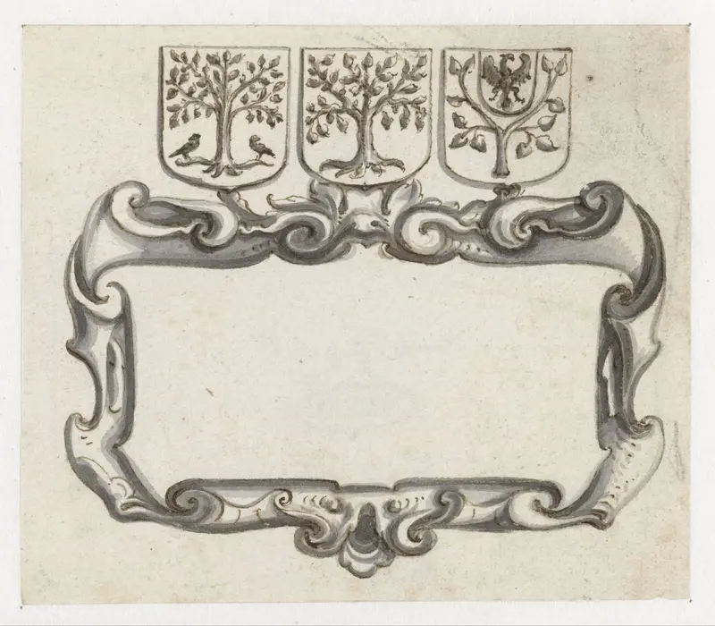 Cartouche onder drie wapenschilden met bomen Wall Art by Pieter Jansz - High-Resolution Digital Print