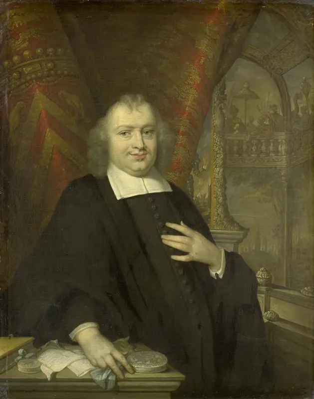 Caspar Fagel (1634-88). Raadpensionaris van Holland sedert 1672, met op de achtergrond de vergaderzaal van de Staten van Holland op het Binnenhof te Den Haag Wall Art by Unknown - High-Resolution Digital Print