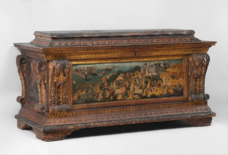 Cassone with painted front panel depicting the Conquest of Trebizond Wall Art by Apollonio di Giovanni di Tomaso - High-Resolution Digital Print