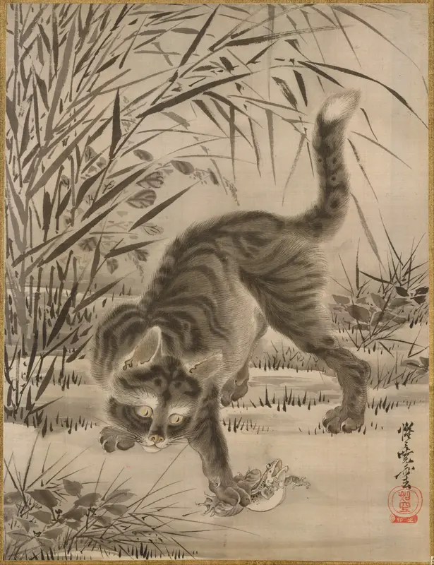 Cat Catching a Frog Wall Art by Kawanabe Kyōsai 河鍋暁斎 - High-Resolution Digital Print