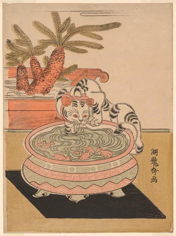 Cat Pawing at Goldfish Wall Art by Isoda Koryusai - High-Resolution Digital Print