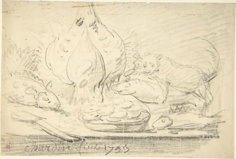 Cat Surveying Fish and Fowl on a Table Wall Art by Jean Siméon Chardin - High-Resolution Digital Print