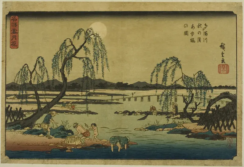 Catching Sweetfish in the Tama River under the Autumn Moon (Tamagawa aki no tsuki ayuryo no zu), from the series "Snow, Moon, and Flowers at Famous Places (Meisho setsugekka)"