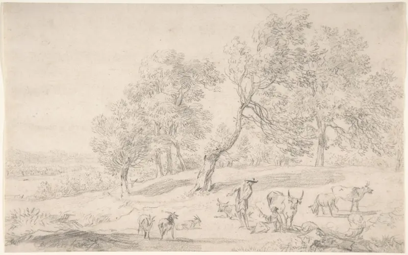 Cattle and Figures in a Landscape Wall Art by Nicolaes Berchem - High-Resolution Digital Print