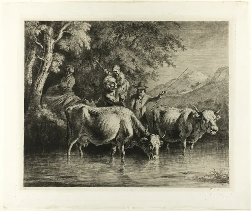Cattle and Peasants Fording a Stream Wall Art by Jean Jacques de Boissieu - High-Resolution Digital Print