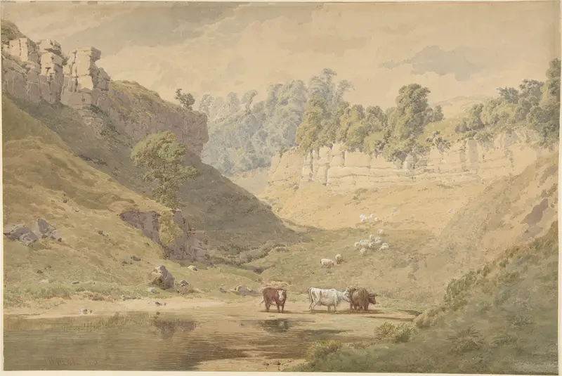 Cattle at a watering hole in a valley Wall Art by John Henry Mole - High-Resolution Digital Print