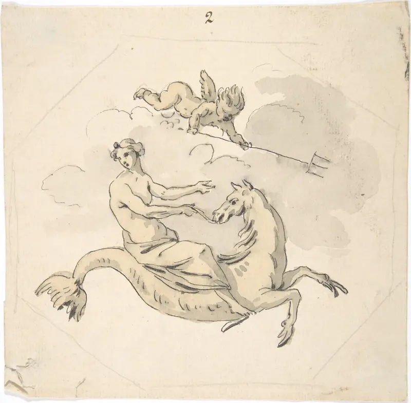 Ceiling Design of a Nereid Mounted on a Hippocamp with Putto Wall Art by Anonymous, French, 18th century - High-Resolution Digital Print