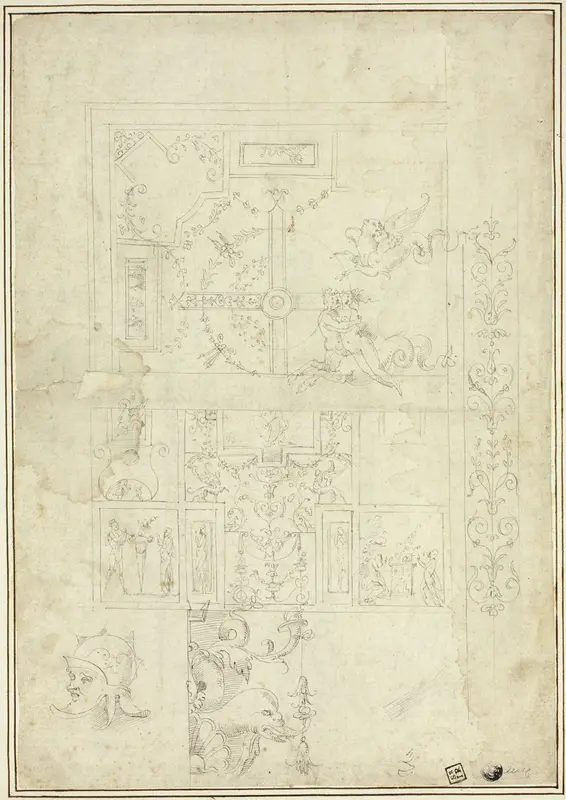 Ceiling Design, with Sketches of Ornamental Border, Helmeted Head (recto); Sketches of Ornamental Details (verso) Wall Art by School of Giovanni da Udine - High-Resolution Digital Print
