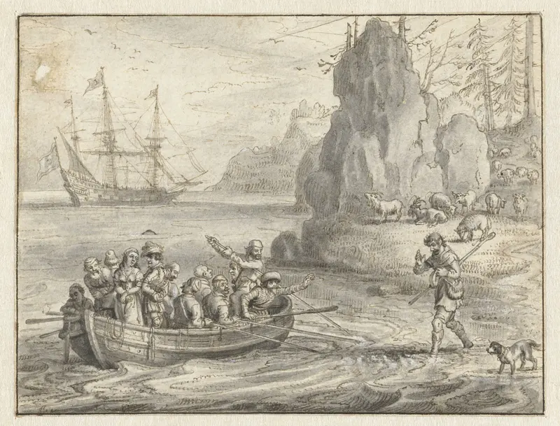 Celadon Begging Pirates to Take him along with his Abducted Wife, Galatea Wall Art by Adriaen Pietersz van de Venne - High-Resolution Digital Print