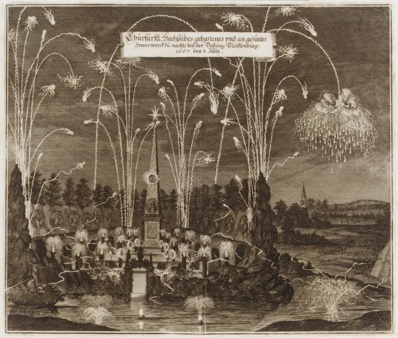 Celebration for the Elector Johann Georg II, Leipzig, July 8, 1667: Fireworks Display by Night Wall Art by Unknown - High-Resolution Digital Print