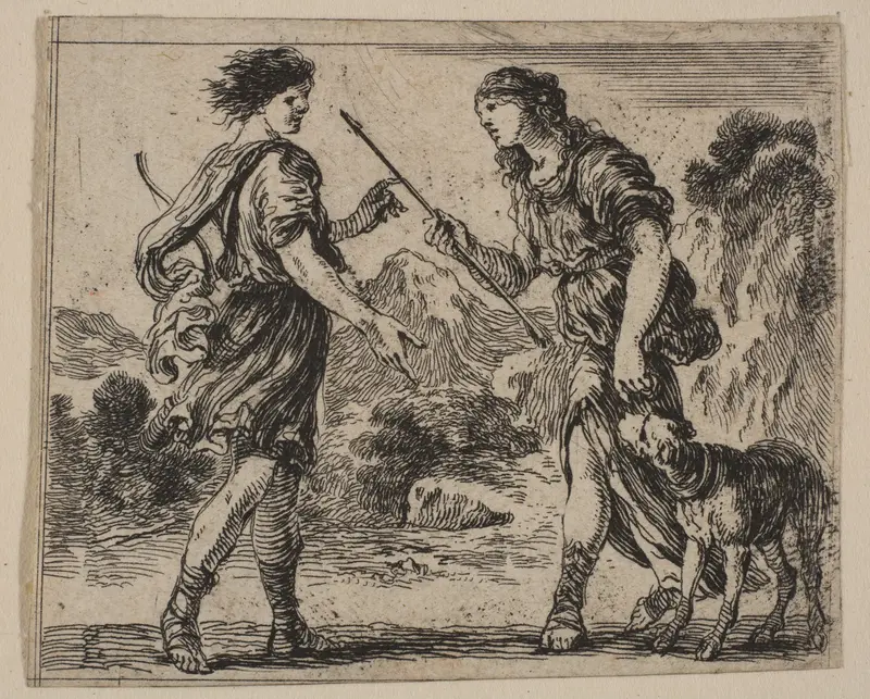 Cephalus and Procris, from 'Game of Mythology' (Jeu de la Mythologie) Wall Art by Stefano della Bella - High-Resolution Digital Print