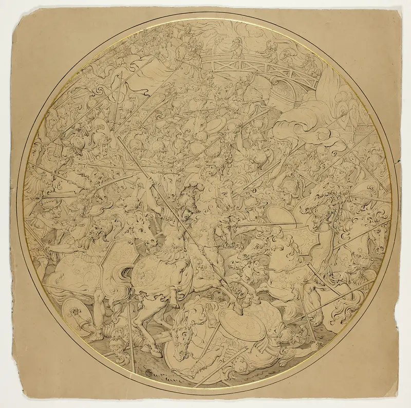 Ceremonial Shield with Stories of Marcus Curtius and Mutius Scaevola Wall Art by William Burgess - High-Resolution Digital Print