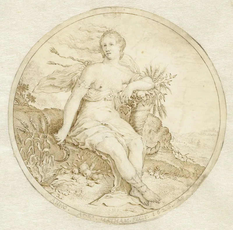 Ceres zittend met een hoorn des overvloeds en een sikkel Wall Art by Adriaen Matham - High-Resolution Digital Print