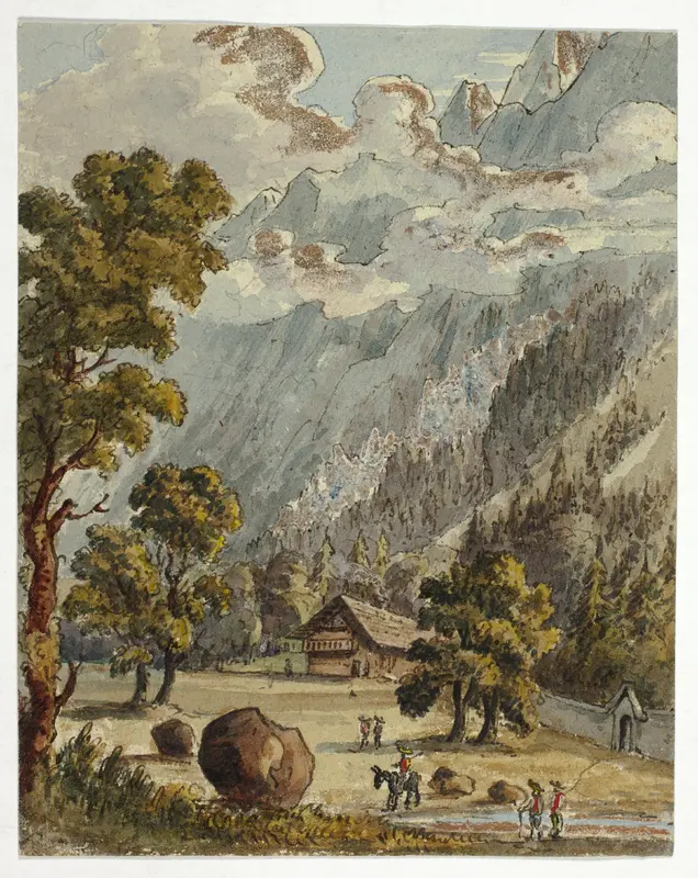 Chalet and Garden below Alps (recto); Village & Glacier du Boissons, Chamix (verso) Wall Art by Unknown - High-Resolution Digital Print