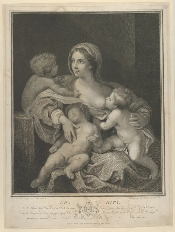 Charity seated nursing an infant, another sleeping on her lap and a third talking to her, after Reni Wall Art by John Keyse Sherwin - High-Resolution Digital Print