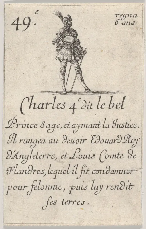 Charles 4.e- dit le bel / Prince sage..., from "Game of the Kings of France" (Jeu des Rois de France) Wall Art by Stefano della Bella - High-Resolution Digital Print