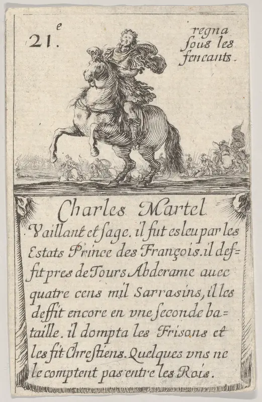 Charles Martel / Vaillant et sage..., from "Game of the Kings of France" (Jeu des Rois de France) Wall Art by Stefano della Bella - High-Resolution Digital Print