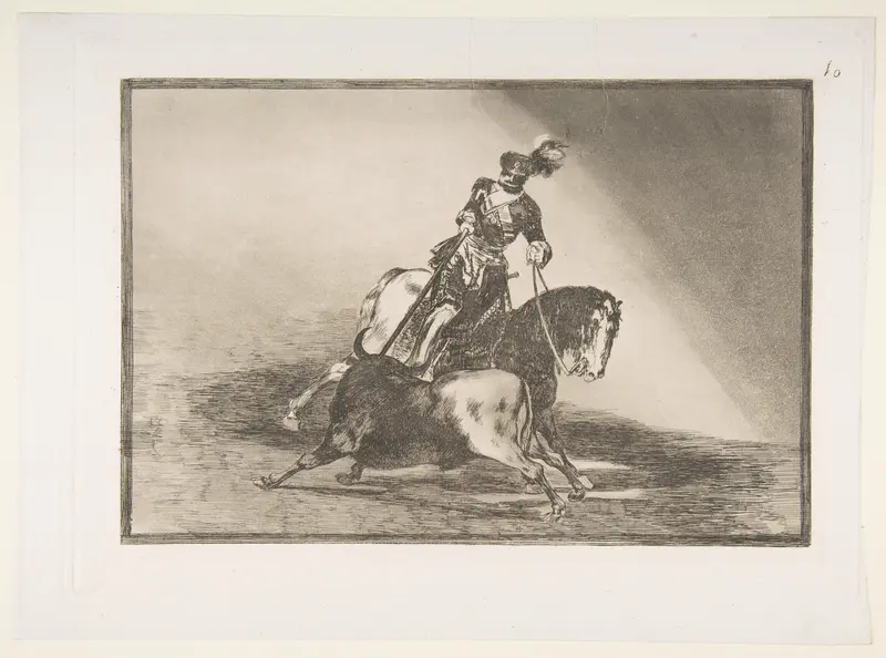 Charles V spearing a bull in the ring at Valladolid, plate 10 from "La Tauromaquia"