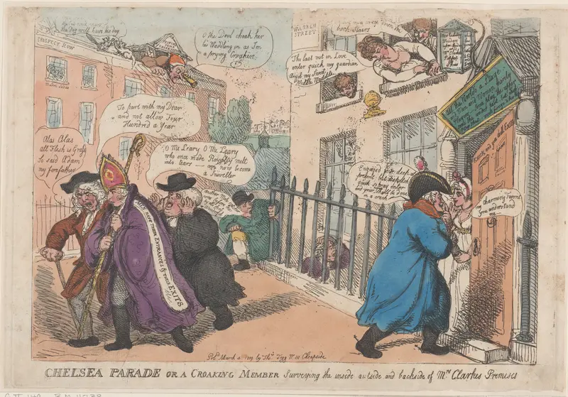 Chelsea Parade or a Croaking Member Surveying The Inside Outside and Backside of Mrs Clarke's Premises Wall Art by Thomas Rowlandson - High-Resolution Digital Print