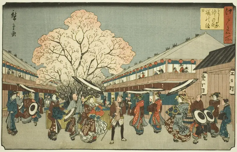 Cherry Blossom Day on the Nakanocho of the Yoshiwara (Yoshiwara Nakanocho Sakura no monbi), from the series "Famous Places in Edo (Edo meisho)"