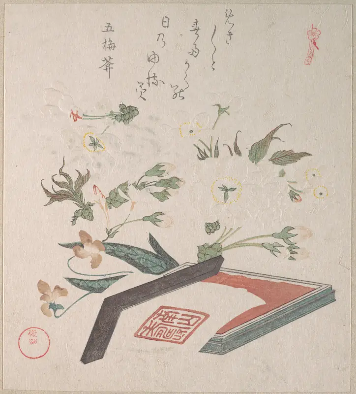 Cherry Blossoms and Seal-box with Ink and Ruler Wall Art by Kubo Shunman - High-Resolution Digital Print