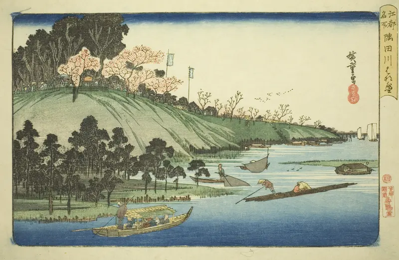 Cherry Blossoms in Full Bloom along the Sumida River (Sumidagawa hanazakari), from the series "Famous Places in Edo (Koto meisho)"