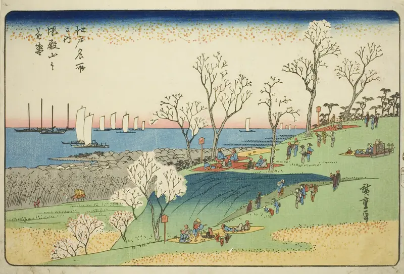 Cherry Blossoms in Full Bloom at Goten Hill (Gotenyama no hanazakari), from the series "Famous Places in Edo (Edo meisho no uchi)"