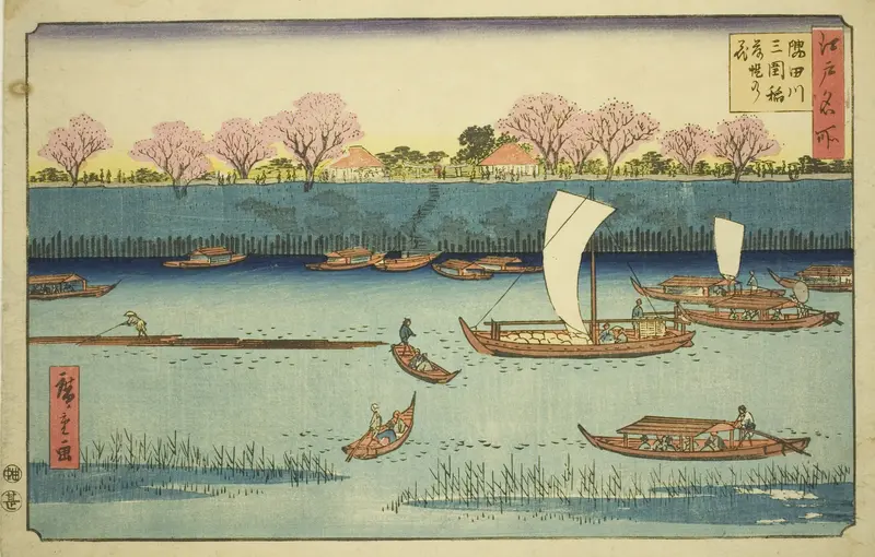 Cherry Trees along the Sumida River Embankment at the Mimeguri Inari Shrine (Sumidagawa Mimeguri Inari tsutsumi no hana), from the series "Famous Places in Edo (Edo meisho)"