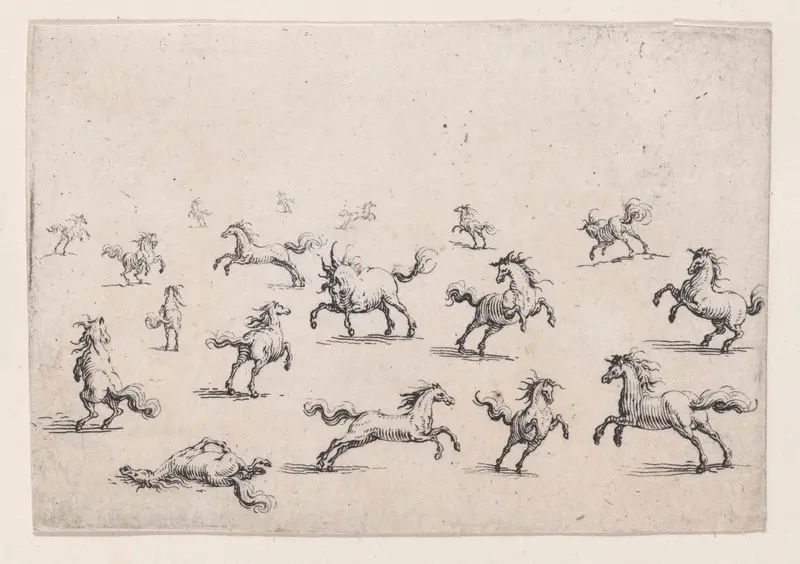 Chevaux Courant en Liberte (Horses Running Freely), from "Les Caprices" Series A, The Florence Set Wall Art by Jacques Callot - High-Resolution Digital Print