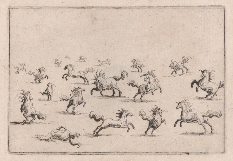 Chevaux Courant en Liberté (Horses Running Freely), from "Les Caprices" Series B, The Nancy Set Wall Art by Jacques Callot - High-Resolution Digital Print