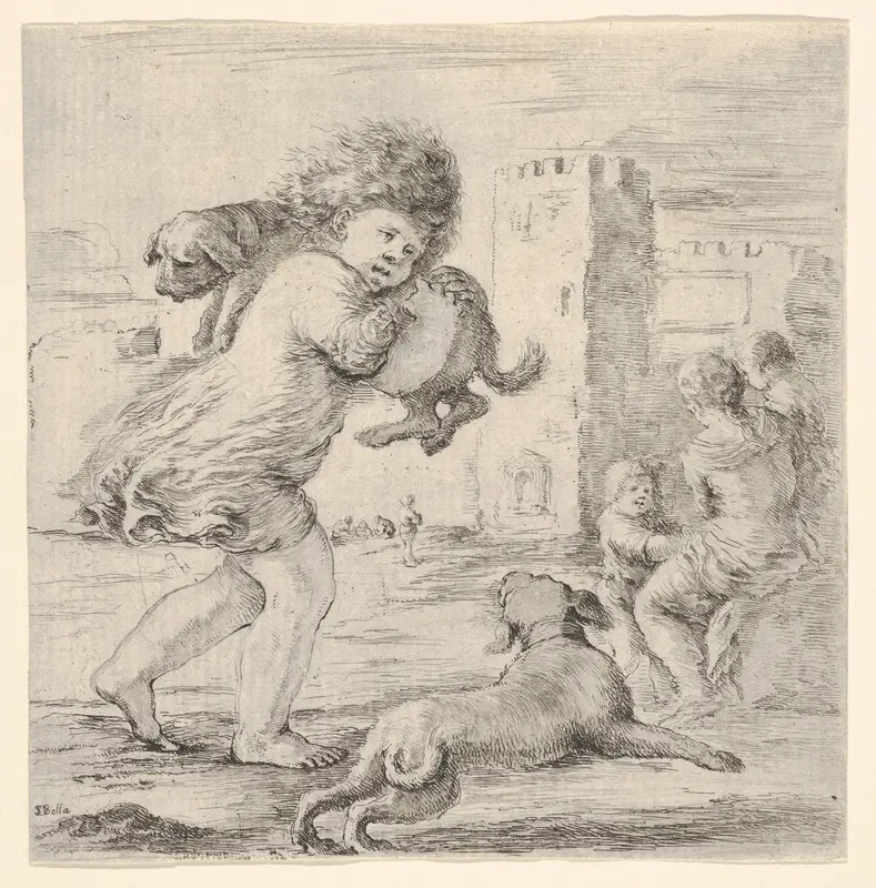 Child carrying a dog over his shoulder, walking towards the right, another dog running alongside to right, a woman with two children to right in the background Wall Art by Stefano della Bella - High-Resolution Digital Print