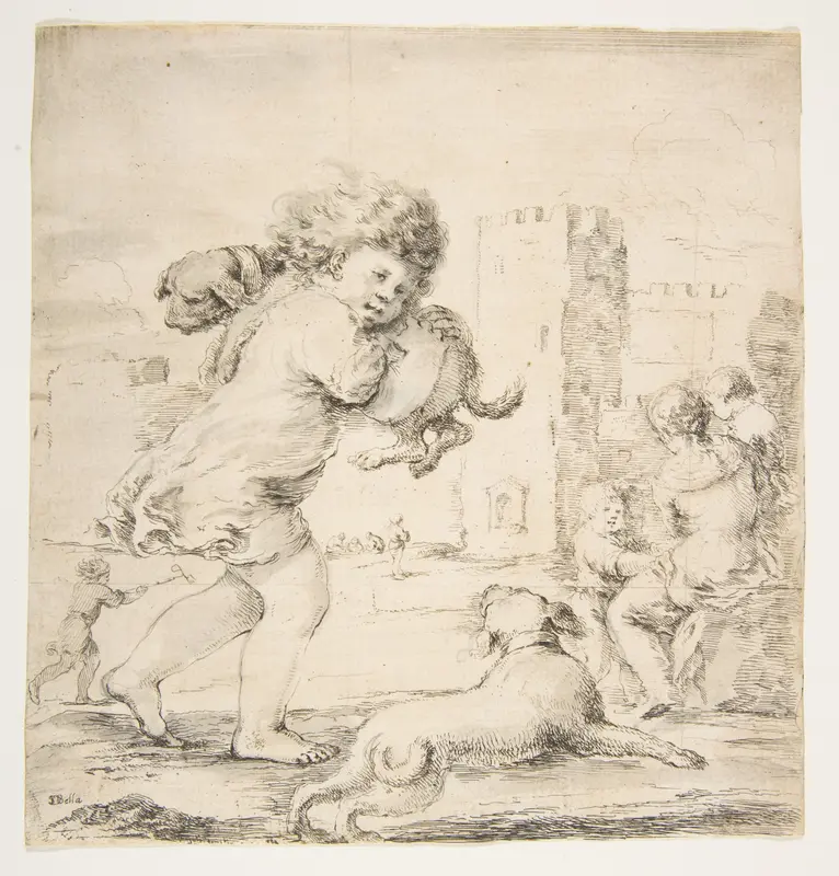 Child Carrying a Puppy on his Shoulder